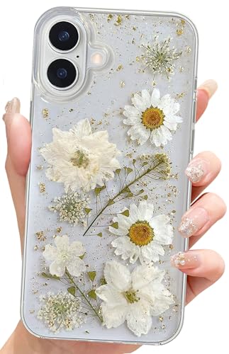 Abbery Handyhülle für iPhone 16 Hülle Blumen Glitzer Muster Klar/Durchsichtig Mit Getrockneten Gold Blumen Motiv TPU Frauen Mädchen Aesthetic Süß Stoßfest Anti-Kratzer Schutzhülle (Weiß) von Abbery