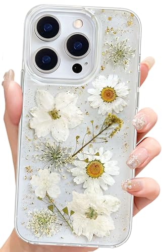 Abbery Handyhülle für iPhone 16 Pro Hülle Blumen Glitzer Muster Klar/Durchsichtig Mit Getrockneten/Gepresste Blumen Motiv TPU Frauen Mädchen Süß Stoßfest Anti-Kratzer Schutzhülle Cover (Weiß Golden) von Abbery