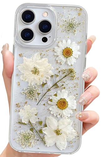 Abbery Handyhülle für iPhone 16 Pro Max Hülle Blumen Glitzer Muster Klar/Durchsichtig Mit Getrockneten Blumen Motiv TPU Frauen Mädchen Süß Stoßfest Anti-Kratzer Schutzhülle Cover (Weiß Gold) von Abbery