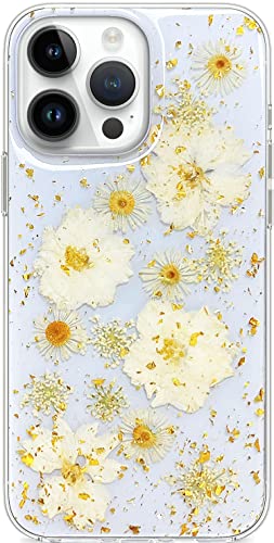 Abbery Handyhulle Kompatibel mit iPhone 14 Pro Max Hulle Blumen Mit Kameraschutz Motiv Glitzer Durchsichtig Dunne Transparente Silikon Echte Getrocknete Blumen Frauen M?dchen Schutzhulle (Gold Blumen) von Abbery