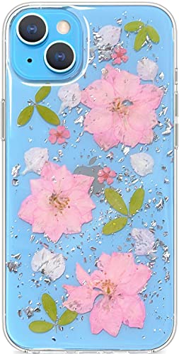 Abbery Handyhulle fur iPhone 14 Hulle Durchsichtig Echte Getrocknete Blumen Mit Kameraschutz Motiv Muster Glitzer su? Dunne Transparente Silikon Frauen M?dchen STO?Feste Schutzhulle (3 Rosa Blumen) von Abbery