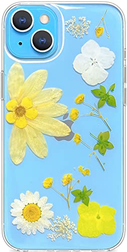 Abbery Handyhulle fur iPhone 14 Hulle Glitzer Durchsichtig Echte Getrocknete Blumen Mit Kameraschutz Motiv Muster su? Dunne Transparente Silikon Frauen M?dchen STO?Feste Schutzhulle (Gelbe Blume) von Abbery