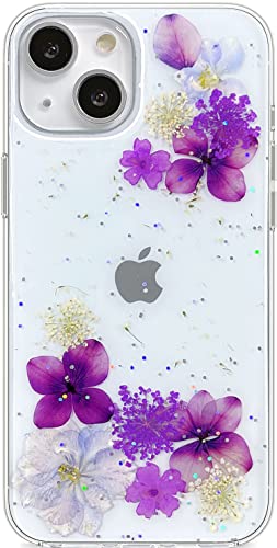 Abbery Handyhulle fur iPhone 14 Hulle Glitzer Durchsichtig Echte Getrocknete Blumen Mit Kameraschutz Motiv Muster su? Dunne Transparente Silikon Frauen M?dchen STO?Feste Schutzhulle (Trauben Blumen) von Abbery