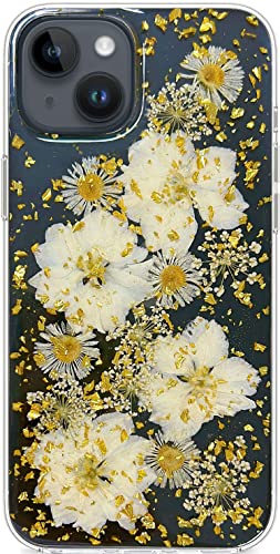 Abbery Handyhulle fur iPhone 14 Plus Hulle Durchsichtig Echte Getrocknete Blumen Mit Kameraschutz Motiv Muster Glitzer Dunne Transparente Silikon Frauen M?dchen STO?Feste Schutzhulle (Gold Blumen) von Abbery