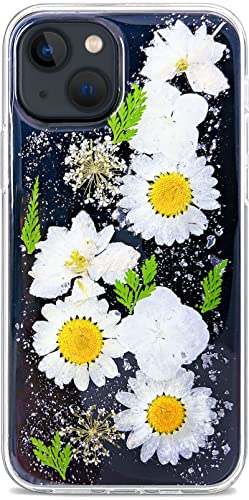 Abbery Handyhulle fur iPhone 14 Plus Hulle Durchsichtig Echte Getrocknete Blumen Mit Kameraschutz Motiv Muster Glitzer Dunne Transparente Silikon Frauen M?dchen STO?Feste Schutzhulle (Wei?e Daisy) von Abbery