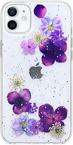 Abbery Klar Handyhülle Kompatibel mit iPhone 11 Hülle Blumen,Durchsichtig Glitzer Transparente Weich TPU Echte Getrocknete Blumen Handarbeit Frauen Mädchen Geschenk Stoßfeste Schutzhülle (Traubenlila) von Abbery