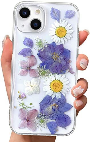 Abbery Klar Handyhülle Kompatibel mit iPhone 13 Hülle Blumen, Dünne Transparente Weich TPU Echte Getrocknete Blumen Glitzer Handarbeit Frauen Mädchen Geschenk Stoßfeste Schutzhülle (Weiß lila) von Abbery