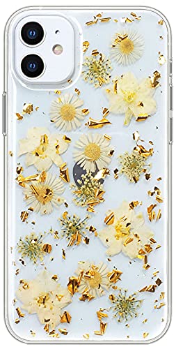 Abbery Klar Handyhülle für iPhone 11 Hülle Blumen, Dünne Transparente Durchsichtig Weich TPU Echte Getrocknete Blume Mit Motiv Flower Handarbeit Frauen Mädchen Stoßfeste Schutzhülle (Goldene Blumen) von Abbery