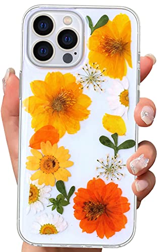 Abbery Klar Handyhülle für iPhone 13 Pro Max Hülle Blumen, Dünne Transparente Silikon Echte Getrocknete Blumen Handarbeit Frauen Mädchen Geschenk Stoßfeste Schutzhülle (Orange Blumen) von Abbery