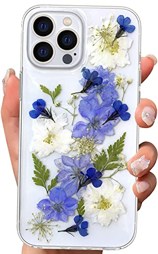 Abbery Klar Handyhülle für iPhone 13 Pro Max Hülle Blumen, Dünne Transparente Weich TPU Echte Getrocknete Blumen Handarbeit Frauen Mädchen Geschenk Stoßfeste Schutzhülle (Violett Blumen) von Abbery