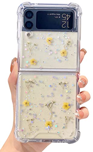 Abbery Schutzhülle für Samsung Galaxy Z Flip 3 5G, transparent, mit Design, Glitzer, getrocknet, echte gepresste Blume, niedlich, funkelnd, TPU & PC, transparent, ästhetisch, Hülle für Samsung Galaxy von Abbery