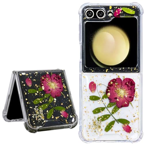 Abbery Schutzhülle für Samsung Galaxy Z Flip 5, transparent, mit gepresstem Blumen-Design, niedlich, goldfarben, glitzernd, echte getrocknete rote Rose, TPU, stoßfest, für Damen und Mädchen, Rosa Abbery Schutzhülle für Samsung Galaxy Z Flip 5, transparent, mit gepresstem Blumen-Design, niedlich, goldfarben, glitzernd, echte getrocknete rote Rose, TPU, stoßfest, für Damen und Mädchen, Rosa von Abbery
