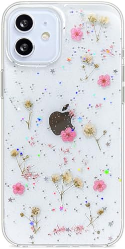 Abbery Schutzhülle für iPhone 12 / iPhone 12 Pro, Schleierkraut, gepresstes Blumendesign, echtes getrocknetes Blumenmuster, niedlicher Glitzer, weiches TPU, stoßfest, für Damen und Mädchen von Abbery