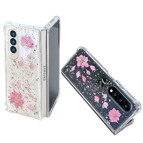 Abbery für Samsung Galaxy Z FOLD 4 Hülle Glitzer Durchsichtig Motiv mit Echte Getrocknete Blumen Muster Anti-Kratzer Frauen Mädchen Stoßfeste Schutzhülle (Rosa, für Samsung Galaxy Z FOLD 4) von Abbery