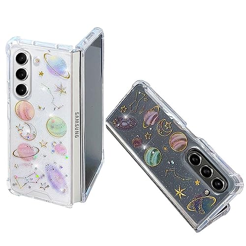 Abbery für Samsung Galaxy Z FOLD 5 Hülle Glitzer Durchsichtig Motiv mit Echte Stren Planet Space Muster Anti-Kratzer Frauen Mädchen Stoßfeste Schutzhülle (Weltraum, für Samsung Galaxy Z FOLD 5) von Abbery