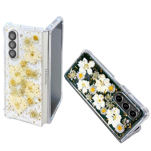 Abbery für Samsung Galaxy Z FOLD 6 Hülle Glitzer Durchsichtig Motiv mit Echte Getrocknete Blumen Muster Anti-Kratzer Transparent Handyhülle Frauen Mädchen Stoßfeste Schutzhülle (Gold Daisy) von Abbery