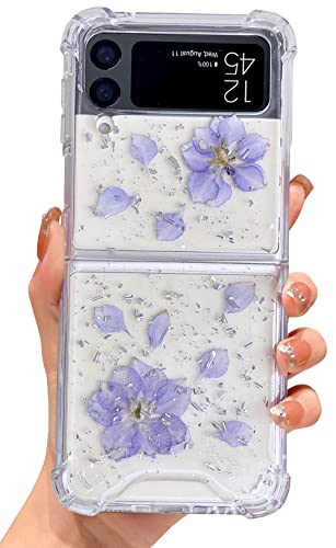 Abbery für Samsung Galaxy Z Flip 3 5G Hülle Durchsichtig Glitzer Stoßfest Schutzhülle Blumen Das Schleierkraut Sterne Mond Universum Muster Anti-Kratzer Handyhülle Case (Lila Schwalben Blumen) von Abbery