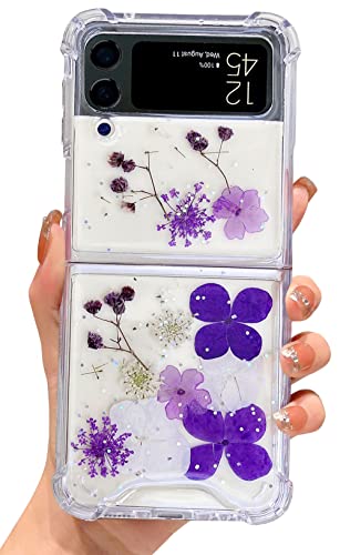 Abbery für Samsung Galaxy Z Flip 3 5G Hülle Durchsichtig Glitzer Stoßfest Schutzhülle Blumen Das Schleierkraut Sterne Mond Universum Muster Anti-Kratzer Handyhülle Case (Trauben Blumen) von Abbery