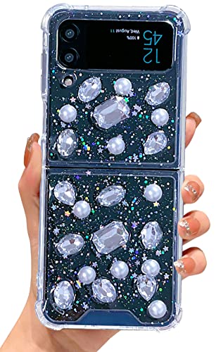 Abbery für Samsung Galaxy Z Flip 3 5G Hülle Glitzer Durchsichtig Motiv mit 3D Diamanten Das Schleierkraut Diamanten Sterne Muster Mädchen Frauen Stoßfest Anti-Kratzer Handyhülle (Weiß Diamanten) von Abbery