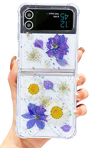 Abbery für Samsung Galaxy Z Flip 3 5G Hulle Glitzer Durchsichtig Motiv mit Blumen Das Schleierkraut Diamanten Sterne Mond Universum Muster Anti-Kratzer Stoßfest Handyhülle (Daisy Violett Blumen) von Abbery