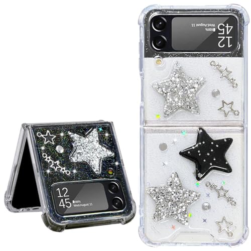 Abbery für Samsung Galaxy Z Flip 3 Hülle Glitzer Dürchsichtig Motiv mit Stern Planet Weltraum Bling Muster Anti-Kratzer Cute Handyhülle Frauen Mädchen Stoßfeste Schutzhülle (Glitzer Stern) von Abbery