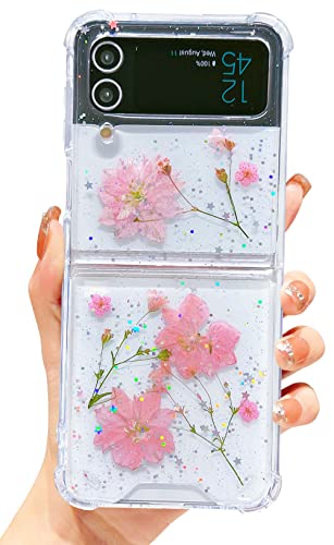 Abbery für Samsung Galaxy Z Flip 3 Hülle Glitzer Durchsichtig Motiv mit Das Echte Getrocknete Blumen Muster Anti-Kratzer Handyhülle Frauen Mädchen Stoßfeste Schutzhülle (Glitzer Rosa) von Abbery