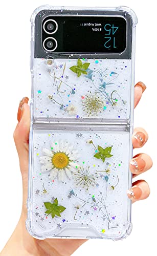 Abbery für Samsung Galaxy Z Flip 4 5G Hulle Glitzer Durchsichtig Motiv mit Blumen Das Schleierkraut Diamanten Sterne Mond Universum Muster Anti-Kratzer Stoßfest Handyhülle (Daisy Blatt Blumen) von Abbery