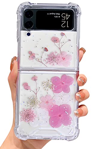 Abbery für Samsung Galaxy Z Flip 4 5G Hulle Glitzer Durchsichtig Motiv mit Blumen Das Schleierkraut Diamanten Sterne Mond Universum Muster Anti-Kratzer Stoßfest Handyhülle (Rosa Vierblättrige Blumen) von Abbery