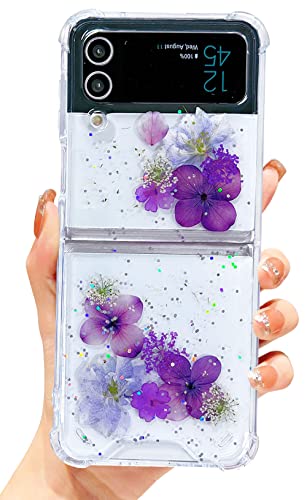 Abbery für Samsung Galaxy Z Flip 4 5G Hulle Glitzer Durchsichtig Motiv mit Blumen Das Schleierkraut Diamanten Sterne Mond Universum Muster Anti-Kratzer Stoßfest Handyhülle (Trauben Violett Blumen) von Abbery