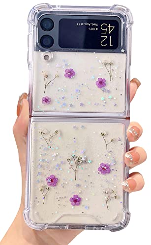 Abbery für Samsung Galaxy Z Flip 4 5G Hulle Glitzer Durchsichtig Motiv mit Blumen Das Schleierkraut Diamanten Sterne Mond Universum Muster Anti-Kratzer Stoßfest Handyhülle (Violett Blumen) von Abbery