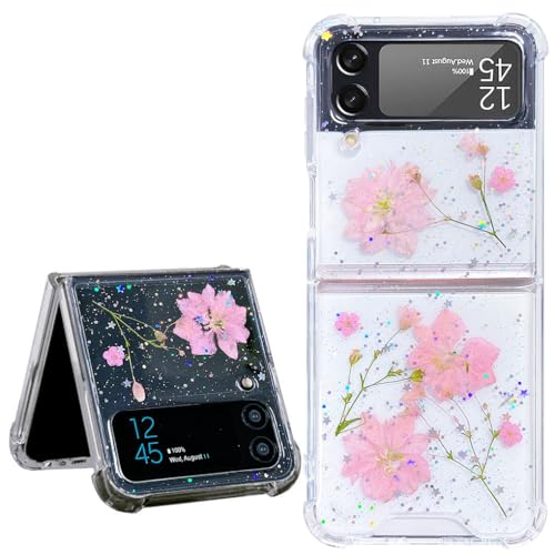 Abbery für Samsung Galaxy Z Flip 4 5G Hulle Glitzer Durchsichtig mit Echte Getrocknete Blumen Motiv Das Muster Anti-Kratzer Stoßfest Handyhülle Frauen Mädchen Stoßfeste Schutzhülle (Glitzer Rosa) von Abbery