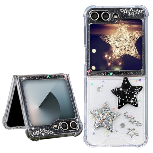 Abbery für Samsung Galaxy Z Flip 5/6 Hülle, Transparent mit 3D Schwarz-Weiß Sternen & Glitzer, Stoßfest, Anti-Kratzer, Cute Handyhülle für Frauen & Mädchen Cover (Glitzer Stars) von Abbery