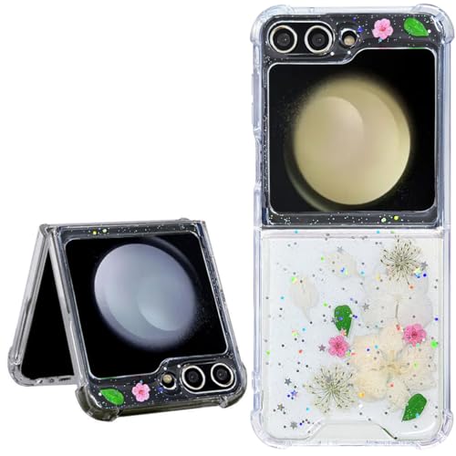 Abbery für Samsung Galaxy Z Flip 5 Hülle Glitzer Dürchsichtig Motiv mit Echte Getrocknete Blumen Planet Muster Anti-Kratzer Handyhülle Frauen Mädchen Stoßfeste Schutzhülle (Weiß Blüten) von Abbery