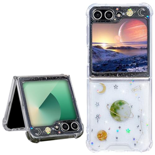 Abbery Handyhülle für Samsung Galaxy Z Flip 5/6 – Durchsichtig mit Weltraum-Design (Grüne Erde, goldene Sonne & Mond), Glitzer, Anti-Kratzer, Stoßfest – Elegante Schutzhülle für Frauen und Mädchen von Abbery