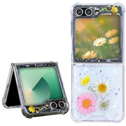 Abbery für Samsung Galaxy Z Flip 5/6 Hülle, Transparent mit Pinken & Weißen Daisy-Blumen & Glitzer, Stoßfest, Anti-Kratzer, Elegante Schutzhülle für Frauen & Mädchen Cover (Daisy Blumen) von Abbery