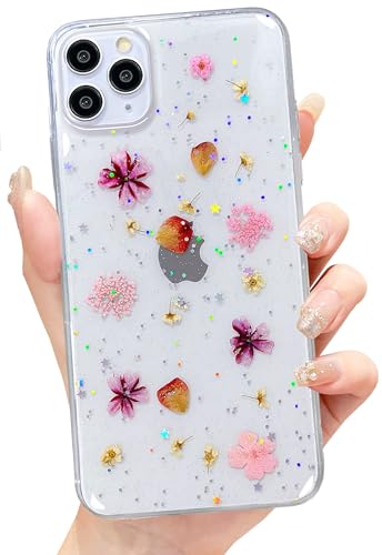 Abbery für iPhone 11 Pro Max Hülle Blumen Muster Durchsichtig Mit Getrocknete Blumen Motiv Glitzer Silikon Frauen Mädchen Stoßfeste Anti-Kratzer Handyhülle Cover für iPhone 11 Pro Max(Rosa) von Abbery