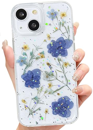 Abbery Handyhülle für iPhone 13 Mini/iPhone 12 Mini Hülle Getrocknete Blumen Glitzer Muster Durchsichtig mit Motiv Aesthetic Design Silikon Frauen Mädchen Stoßfeste Anti-Kratzer Schutzhülle (Violett) von Abbery