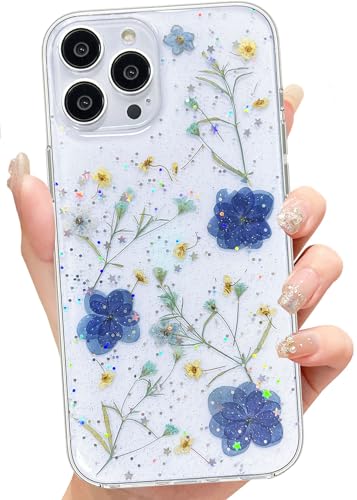 Abbery für iPhone 12 Pro Max Hülle Blumen Muster Durchsichtig Mit Getrocknete Blumen Motiv Glitzer Silikon Frauen Mädchen Stoßfeste Anti-Kratzer Handyhülle Cover (Violett) von Abbery