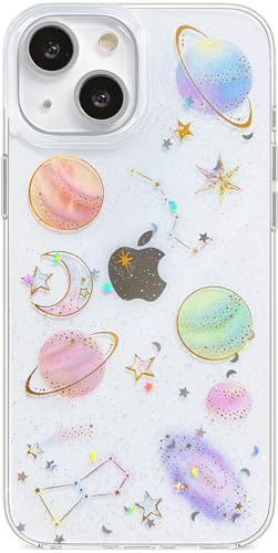 Abbery für iPhone 13/14/15 Hülle Planet Stern Muster Durchsichtig Mit Weltraum Motiv Glitzer&Sparkle Flexibel Stoßfeste Frauen Mädchen Schutzhülle Handyhülle für iPhone 15/14/13 von Abbery