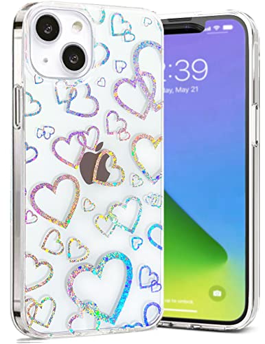 Abbery für iPhone 13 Hülle Durchsichtig mit Motiv Reflektieren Herzen Glitzer Holografisch Bunt Herz Muster Transparent Case für Frauen Mädchen Stoßfeste Schutzhülle Handyhülle für iPhone 13 von Abbery