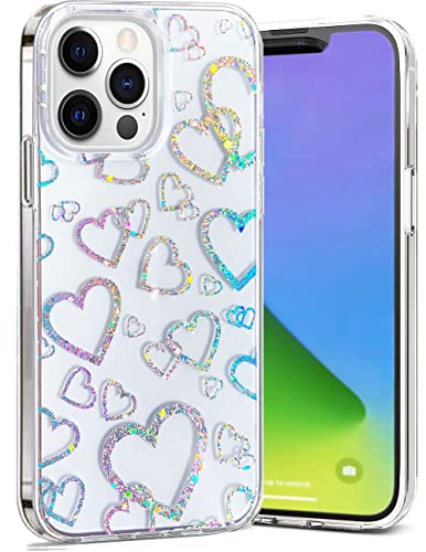 Abbery für iPhone 13 Pro Hülle Durchsichtig mit Motiv Reflektieren Herzen Glitzer Holografisch Bunt Herz Muster Transparent Case für Frauen Mädchen Stoßfeste Schutzhülle Handyhülle für iPhone 13 Pro von Abbery