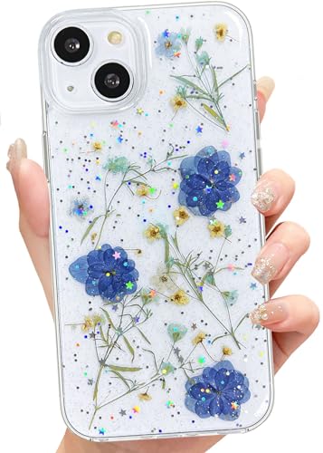 Abbery für iPhone 14 Plus/15 Plus Hülle Blumen Muster Durchsichtig Mit Getrocknete Blumen Motiv Glitzer Silikon Frauen Mädchen Stoßfeste Anti-Kratzer Handyhülle Cover (Violett) von Abbery