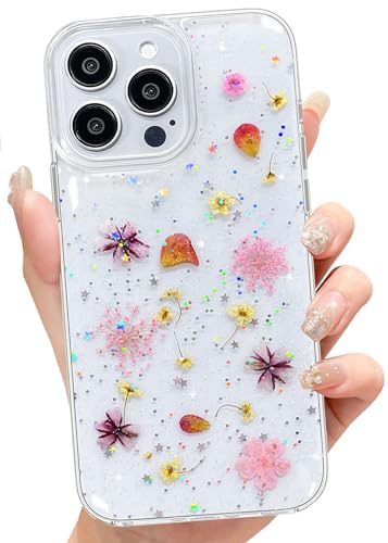 Abbery für iPhone 14 Pro Max Hülle Blumen Muster Durchsichtig Mit Getrocknete Blumen Motiv Glitzer Silikon Frauen Mädchen Stoßfeste Anti-Kratzer Handyhülle Cover für iPhone 14 Pro Max (Rosa) von Abbery