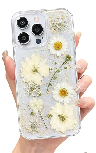 Abbery für iPhone 14 Pro Max Hülle Blumen Muster Durchsichtig Mit Getrocknete Blumen Motiv Glitzer Silikon Frauen Mädchen Stoßfeste Anti-Kratzer Handyhülle Cover für iPhone 14 Pro Max (Weiß) von Abbery