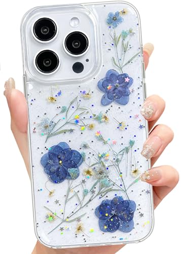 Abbery für iPhone 15 Pro Hülle Blumen Muster Durchsichtig Mit Getrocknete Blumen Motiv Glitzer Silikon Frauen Mädchen Stoßfeste Anti-Kratzer Handyhülle Cover (Violett) von Abbery