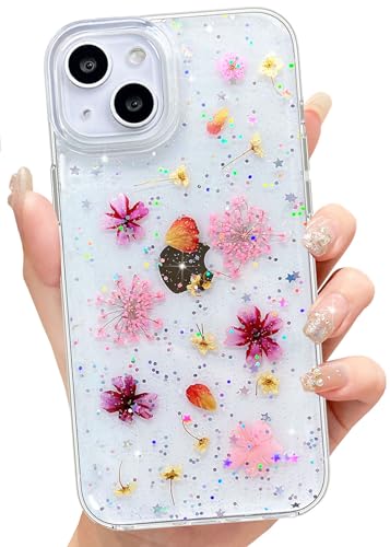 Abbery für iPhone Hülle Blumen Muster Durchsichtig Mit Getrocknete Blumen Motiv Glitzer Silikon Frauen Mädchen Stoßfeste Anti-Kratzer Handyhülle Cover (Rosa, for iPhone 15) von Abbery