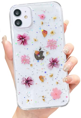 Abbery für iPhone 11 Hülle Blumen Muster Durchsichtig Mit Getrocknete Blumen Motiv Glitzer Silikon Frauen Mädchen Stoßfeste Anti-Kratzer Handyhülle Cover (Rosa) von Abbery