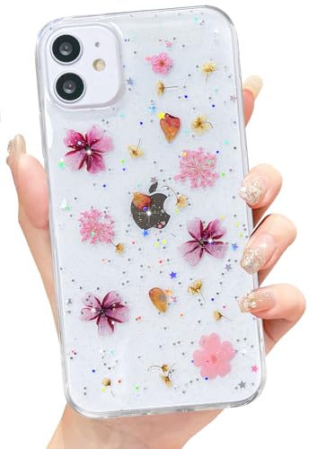 Abbery für iPhone Hülle Blumen Muster Durchsichtig Mit Getrocknete Blumen Motiv Glitzer Silikon Frauen Mädchen Stoßfeste Anti-Kratzer Handyhülle Cover (Rosa, für iPhone 11) von Abbery