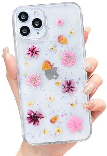 Abbery für iPhone 11 Pro Hülle Blumen Muster Durchsichtig Mit Getrocknete Blumen Motiv Glitzer Silikon Frauen Mädchen Stoßfeste Anti-Kratzer Handyhülle Cover für iPhone 11 Pro (Rosa) von Abbery