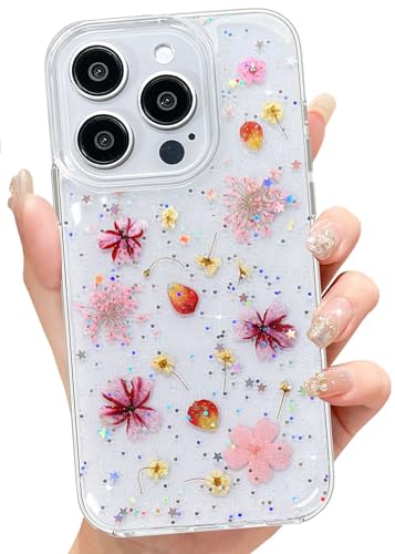 Abbery für iPhone Hülle Blumen Muster Durchsichtig Mit Getrocknete Blumen Motiv Glitzer Silikon Frauen Mädchen Stoßfeste Anti-Kratzer Handyhülle Cover (Rosa, für iPhone 14 Pro) von Abbery